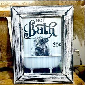 Rustic Highland Cow In Bathtub Framed Art 9x7 NEW